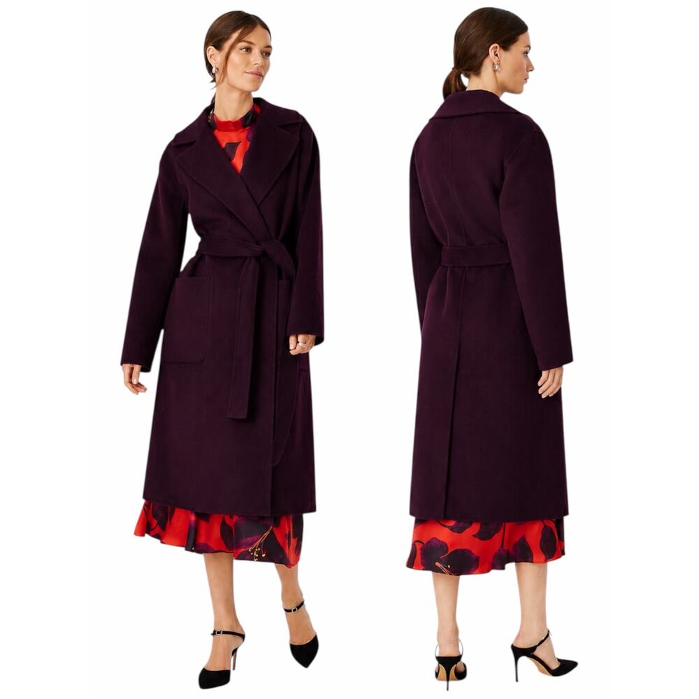 Ann Taylor Doubleface Belted Blanket Coat Waist Tie Vineyard Grape Size LP